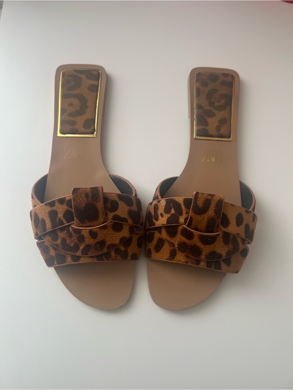 Zara Leopard Print Slide Sandals - Brown